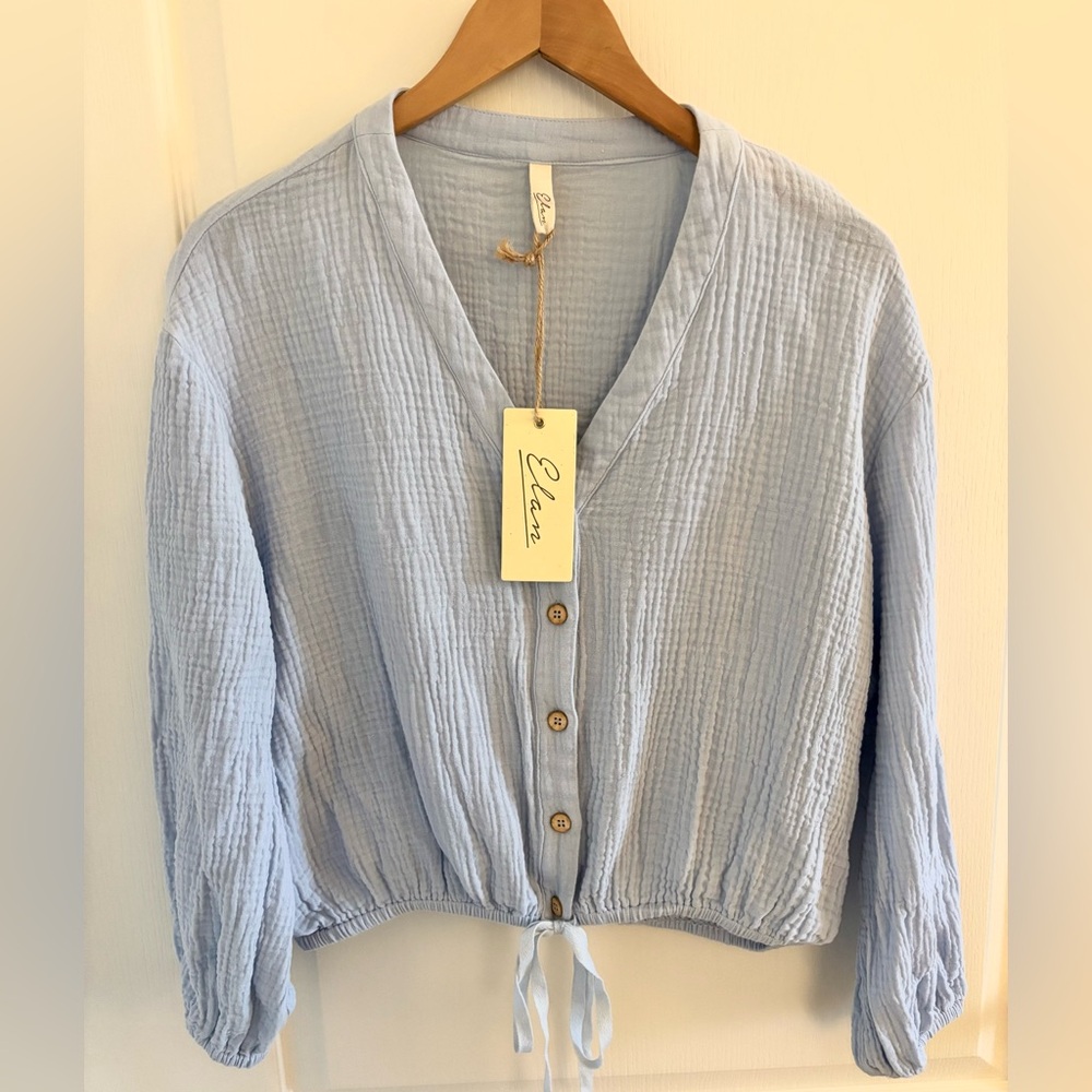 ELAN Long Sleeve Crop Drawstring Cora Button Down Top(S)